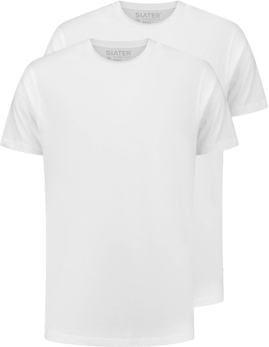 Twee witte Slater T-shirts met ronde hals en korte mouwen.