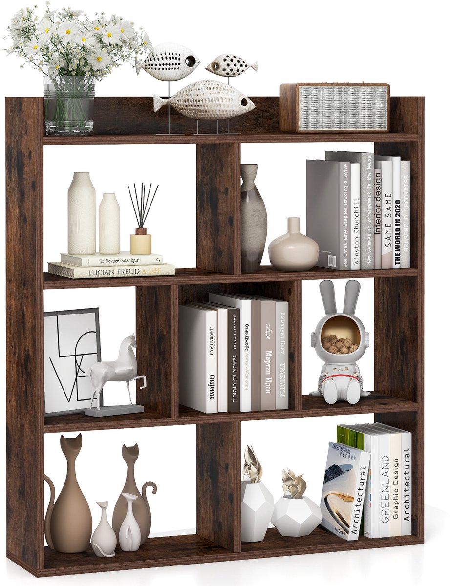 Costway Boekenkast met 7 vakken, staand rek, kubusrek, opbergrek voor woonkamer, slaapkamer, kantoor, 80 x 20 x 90 cm (koffie)