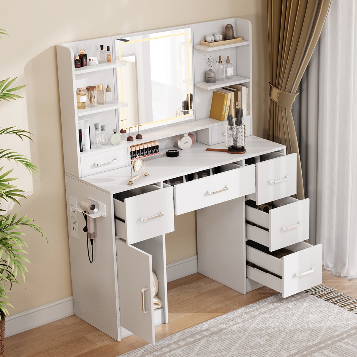 Witte Slimme Kaptafel met LED Spiegel, USB Oplaadpoort – Make-uptafel met Touch Verlichtin