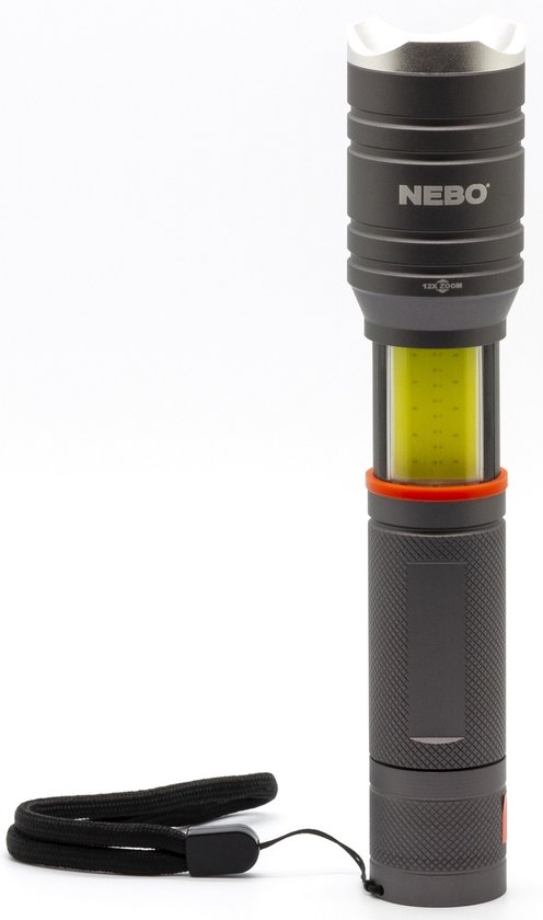 Grijze Nebo zaklamp met rode ring, COB-licht en polsband.