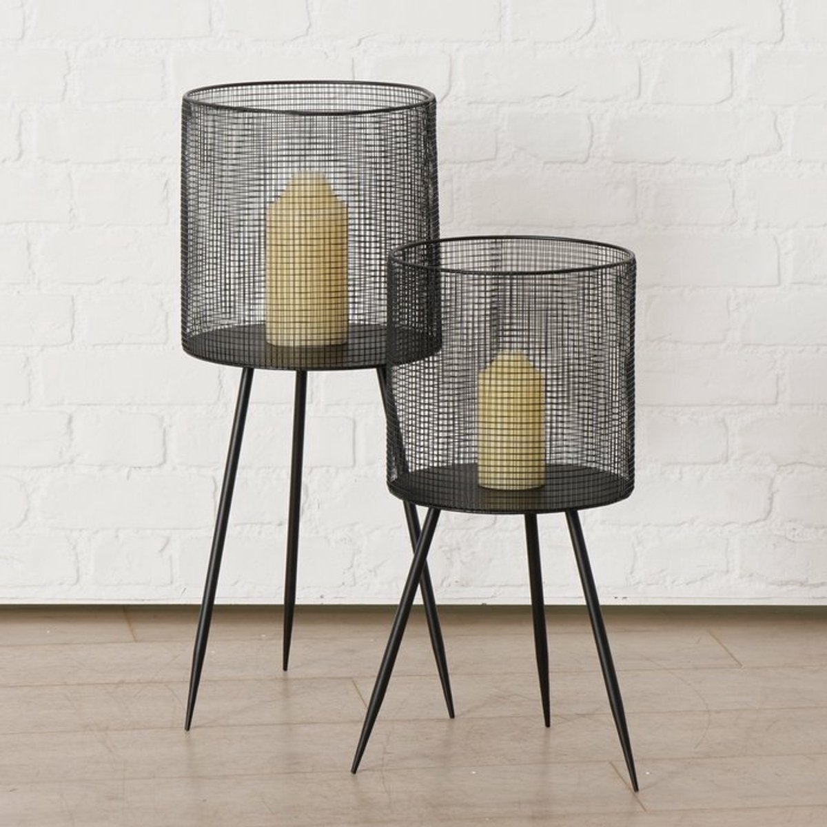 Windlicht zwart metaal Baska - Boltze set van 2 stuks