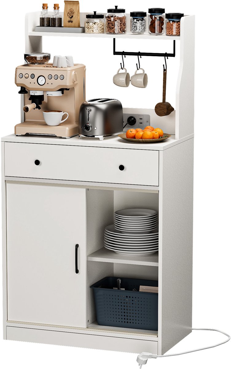 Kast - Dressoir met verlichting - Met oplaadstation - Verstelbare planken - Koffiebarkast - Ladekast - Houten kaptafel voor slaap-/eetkamer - Europese standaardstekker - Wit