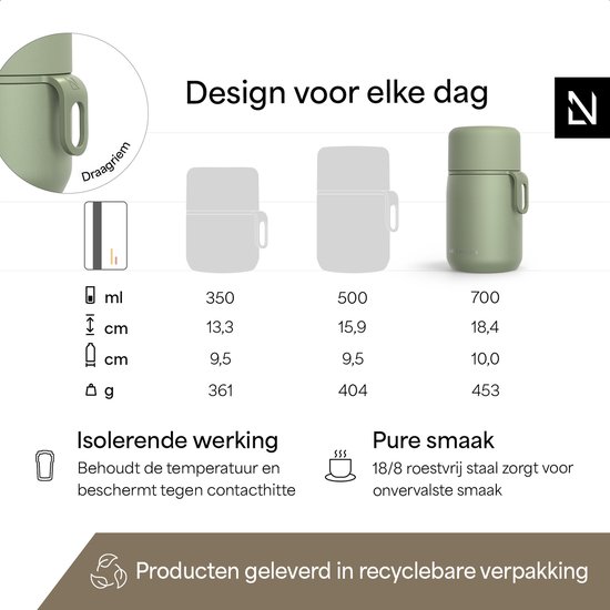 Groene LARS NYSØM voedselcontainer van 700 ml met handvat. Afmetingen en isolerende eigenschappen worden getoond.
