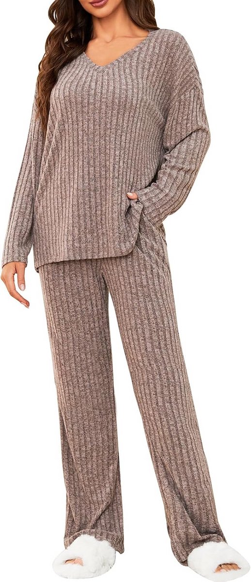 Dames Tweedelige Lounge Set Geribde Pyjama Thuisoutfit met Lange Mouwen en Broek