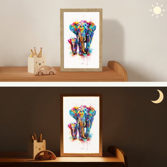 Nachtlampje 20x30 cm - Kinder lampje - Olifanten - Dieren - Verf - Kleurrijk - Tafellamp kinderkamer - Slaapkamer lamp - Bedlamp kinderen - Kinderlampje stopcontact - Wandlamp babykamer - Nachtlampjes van Merkloos — afbeelding 4