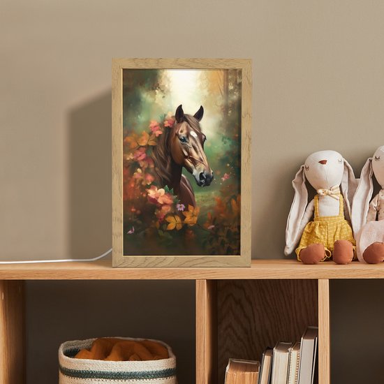 Nachtlampje 20x30 cm - Kinder lampje - Paard - Bloemen - Natuur - Dieren - Bos - Oranje - Tafellamp kinderkamer - Slaapkamer lamp - Bedlamp kinderen - Kinderlampje stopcontact - Wandlamp babykamer - Nachtlampjes van OnlyWow — afbeelding 3