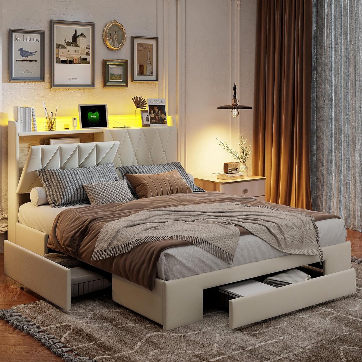 Tweepersoonsbed 160x200 cm met LED, USB & Opbergruimte in Hoofdeinde en Laden