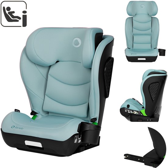 Lichtblauwe Lionelo autostoel met extra aanzichten en ISOFIX-bevestiging.