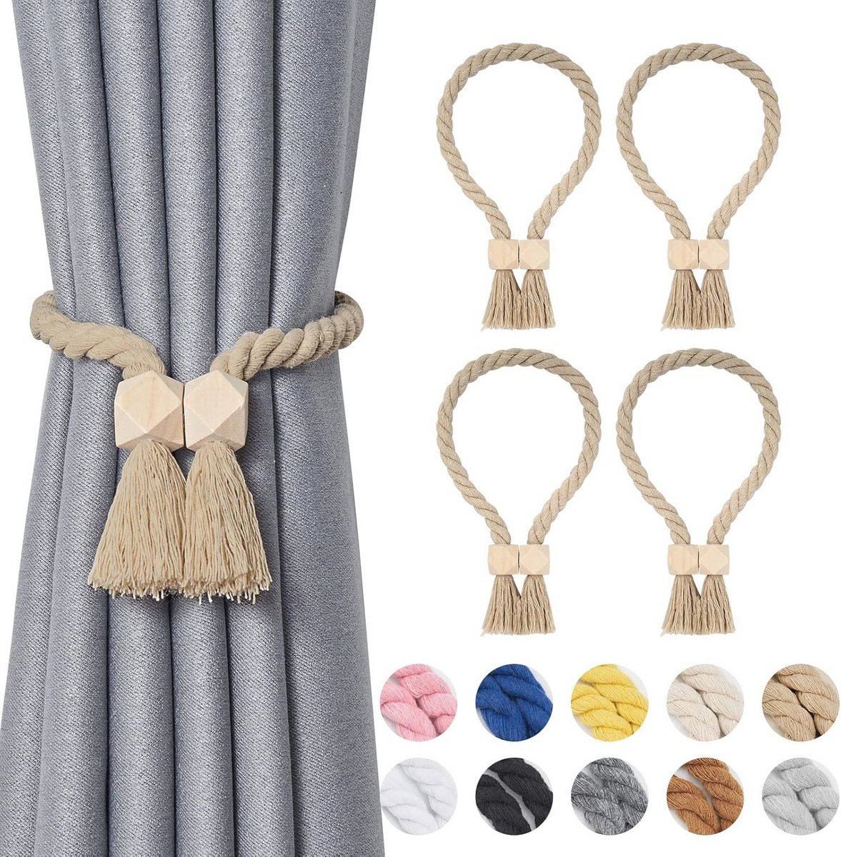 Boho Magnetische Gordijnophanghouders van Hout - Handgeweven Raamdecoratie - Donkerbeige, 4 Stuks