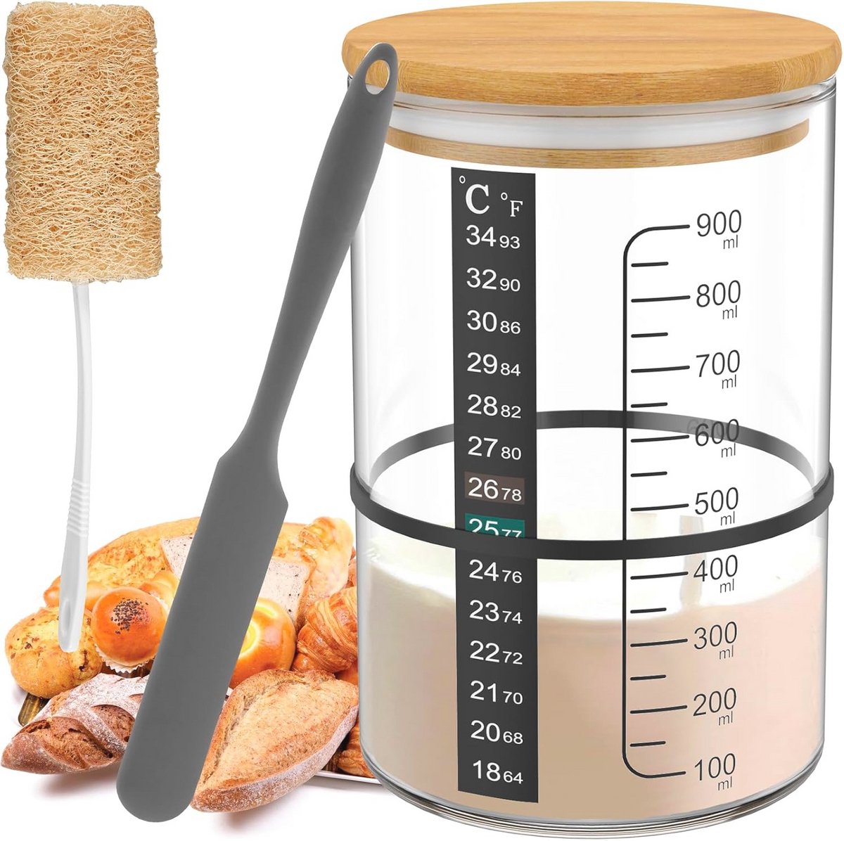 Glazen Sourdough Starter Pot met Houten Deksel en Accessoires