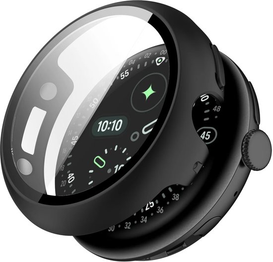 Zwarte smartwatch case met glazen screenprotector, toont 10:10 op display.