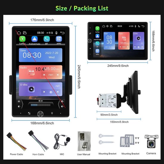 1 DIN Autoradio Met 10,4 Inch Touchscreen – Draadloze CarPlay & Android Auto, Bluetooth, FM, AUX, USB, TF, Spiegelverbinding En Achteruitrijcamera