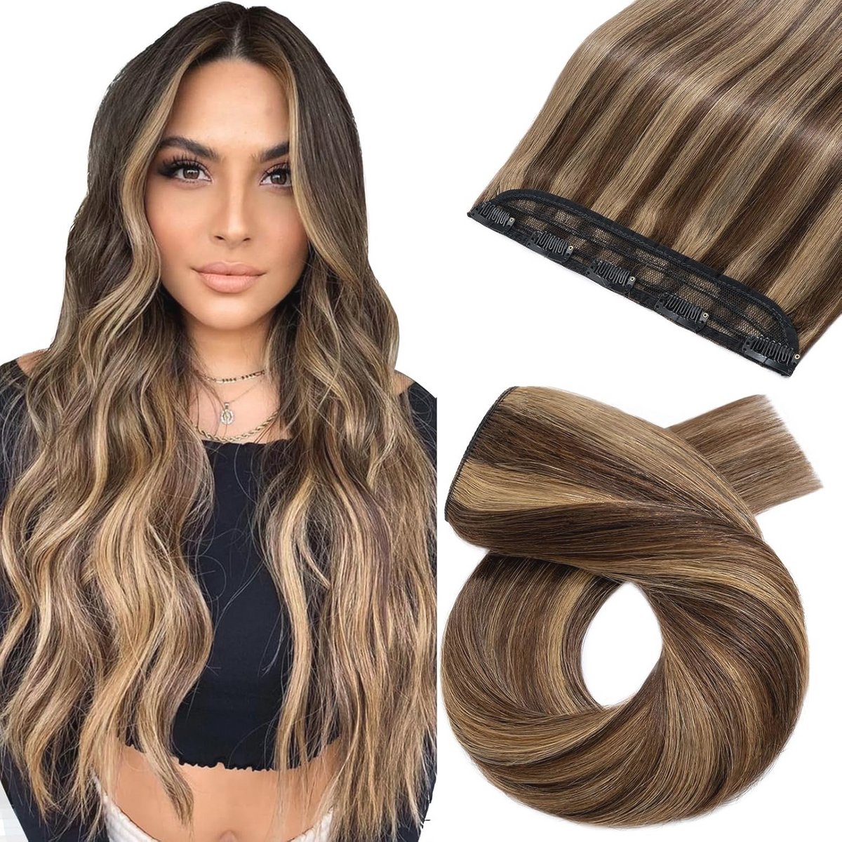 Natuurlijke Clip-in Hairextensions - 5 Clip One Piece 14 inch Kastanjebruin & Donkerblond