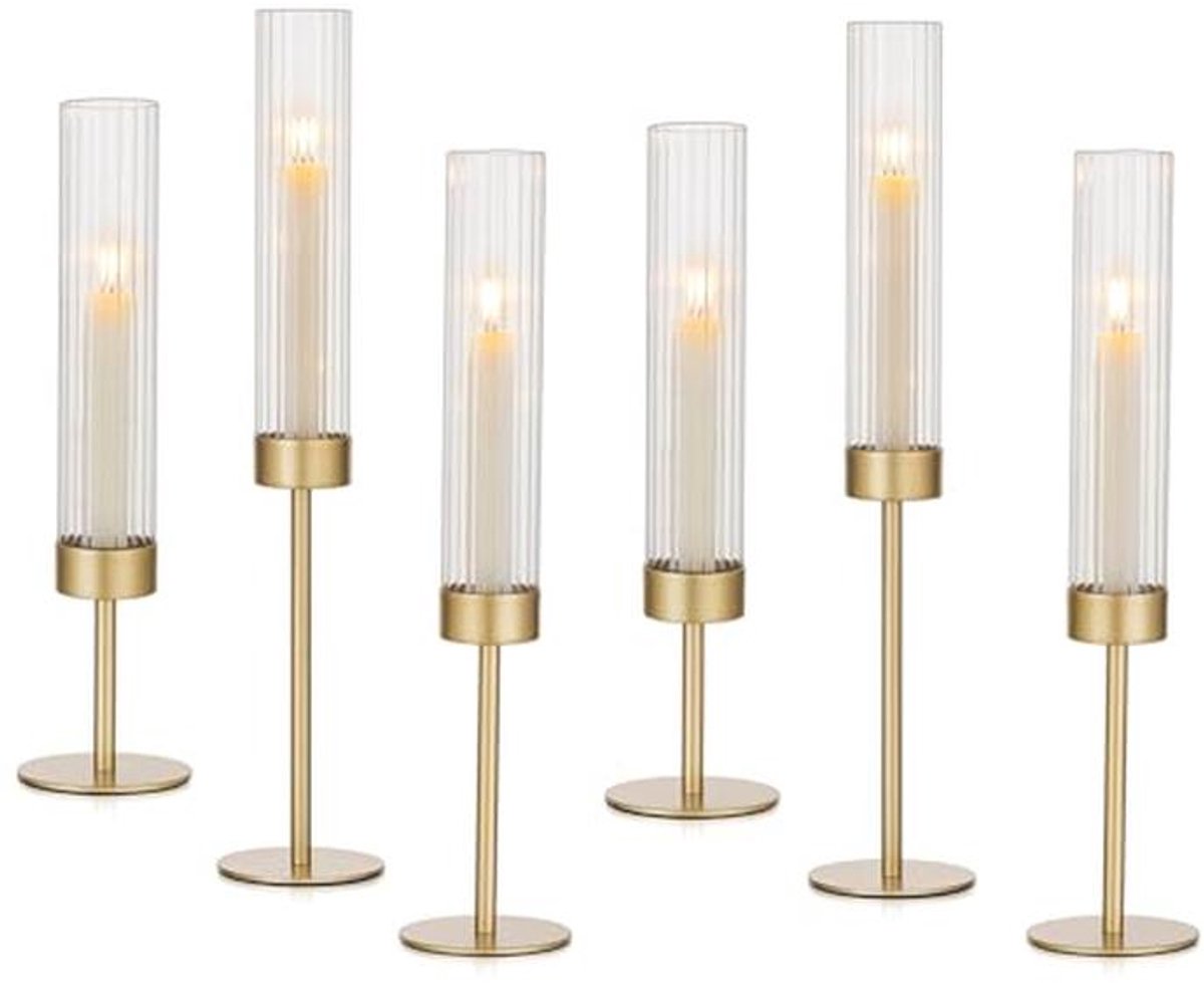 Hewory Kaarsenstandaard gouden glazen cilinder voor kaarsen: set van 6 metalen kaarsenhouders staafkaarsen voor woonkamer decoratie vintage staafkaarsenhouder met windlicht glas groot voor Kerstmis