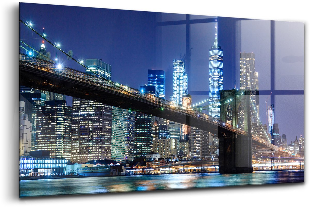 Wallfluent Glasschilderij - Brooklyn Bridge in New York 's nachts Foto Op Glas - 100x50 cm - Blauw Horizontale muurfoto - Steden Schilderij Op Glas - Glazen Schilderij - Schilderij Glas