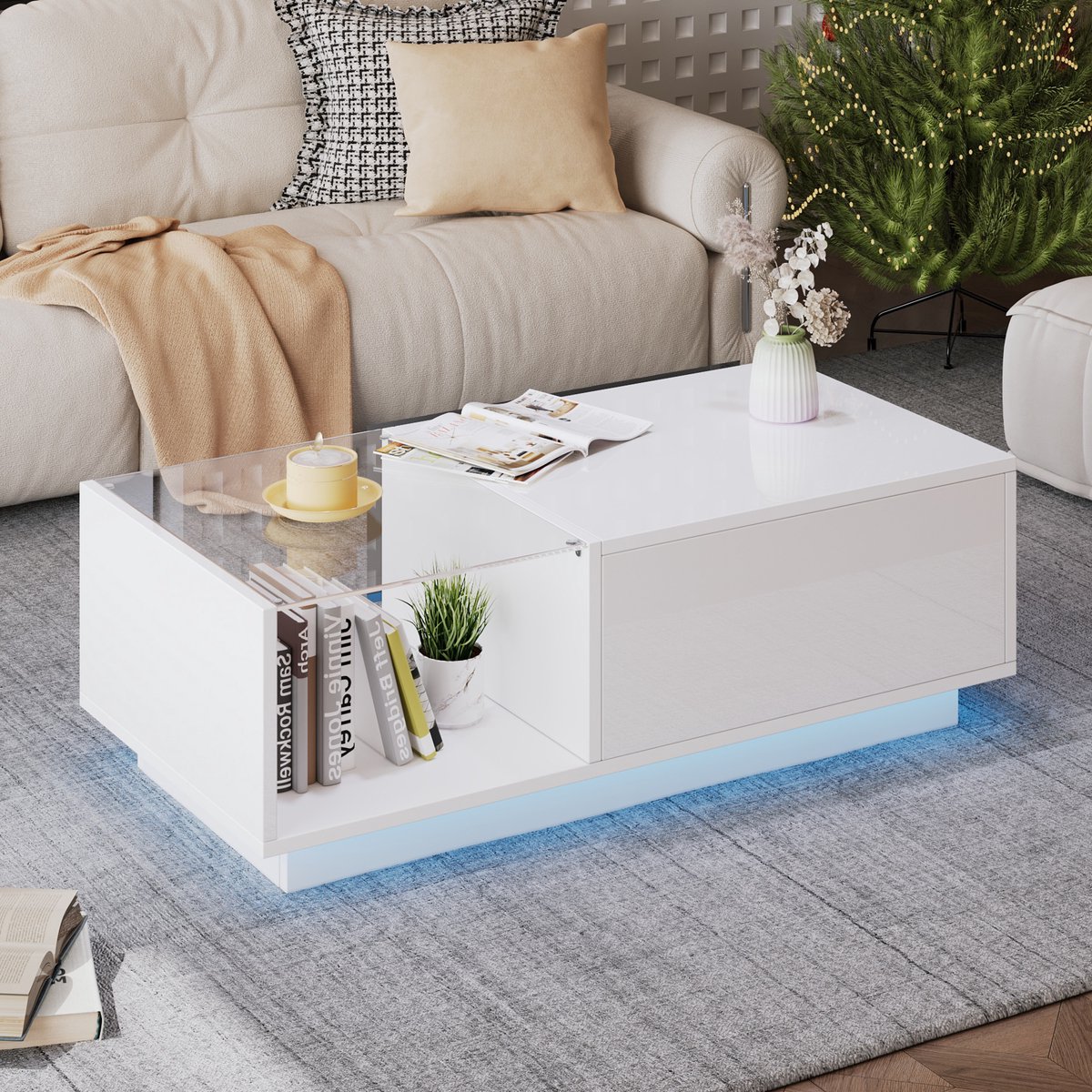 STILVORA Salontafel - Hefbare Tafel Met Verborgen Opbergruimte En RGB-LED Met App-Bediening - Voor Eten Werken En Gamen - Spaanplaat - 100x50x33-46.5 cm - Wit