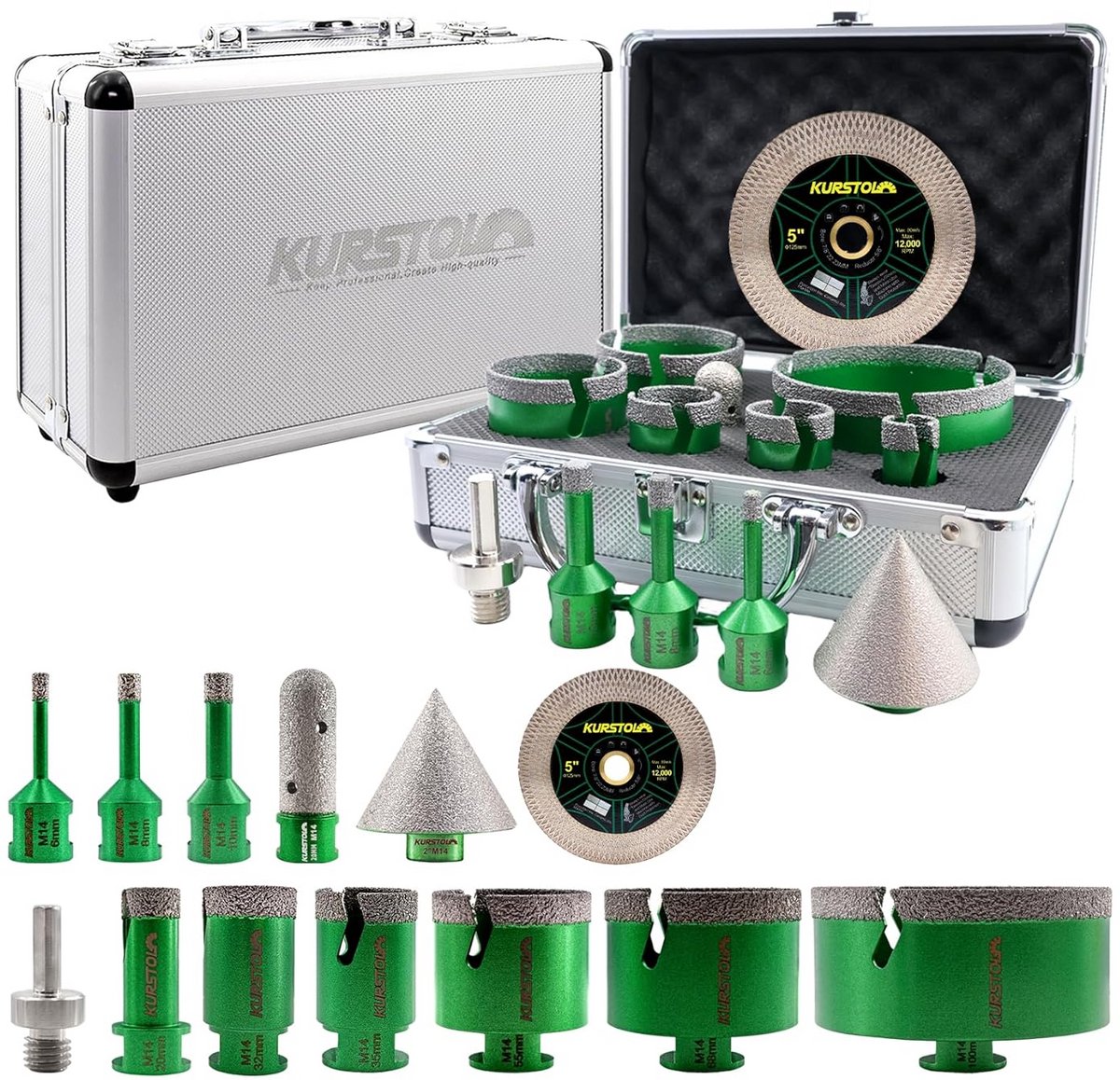 Diamantboorkroonset voor Keramische Tegels - 10 Stuks inclusief Vingerfrees en Fasenbits