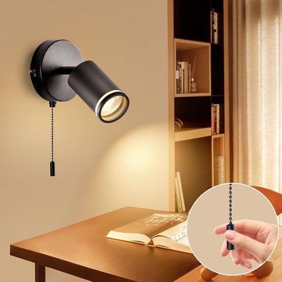 Draaibare Wandlamp Zwart met Trekkoord Schakelaar - GU10 Spot Inbouw