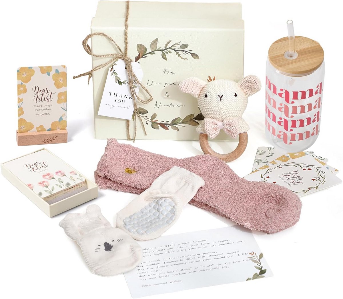 Houten Bijtspeelgoed Cadeauset voor Baby's met Mama-Kaart en Verzorgingsproducten