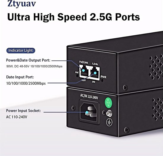 Krachtige 2.5G PoE++ Injector 90W Power over Ethernet Adapter met ...
