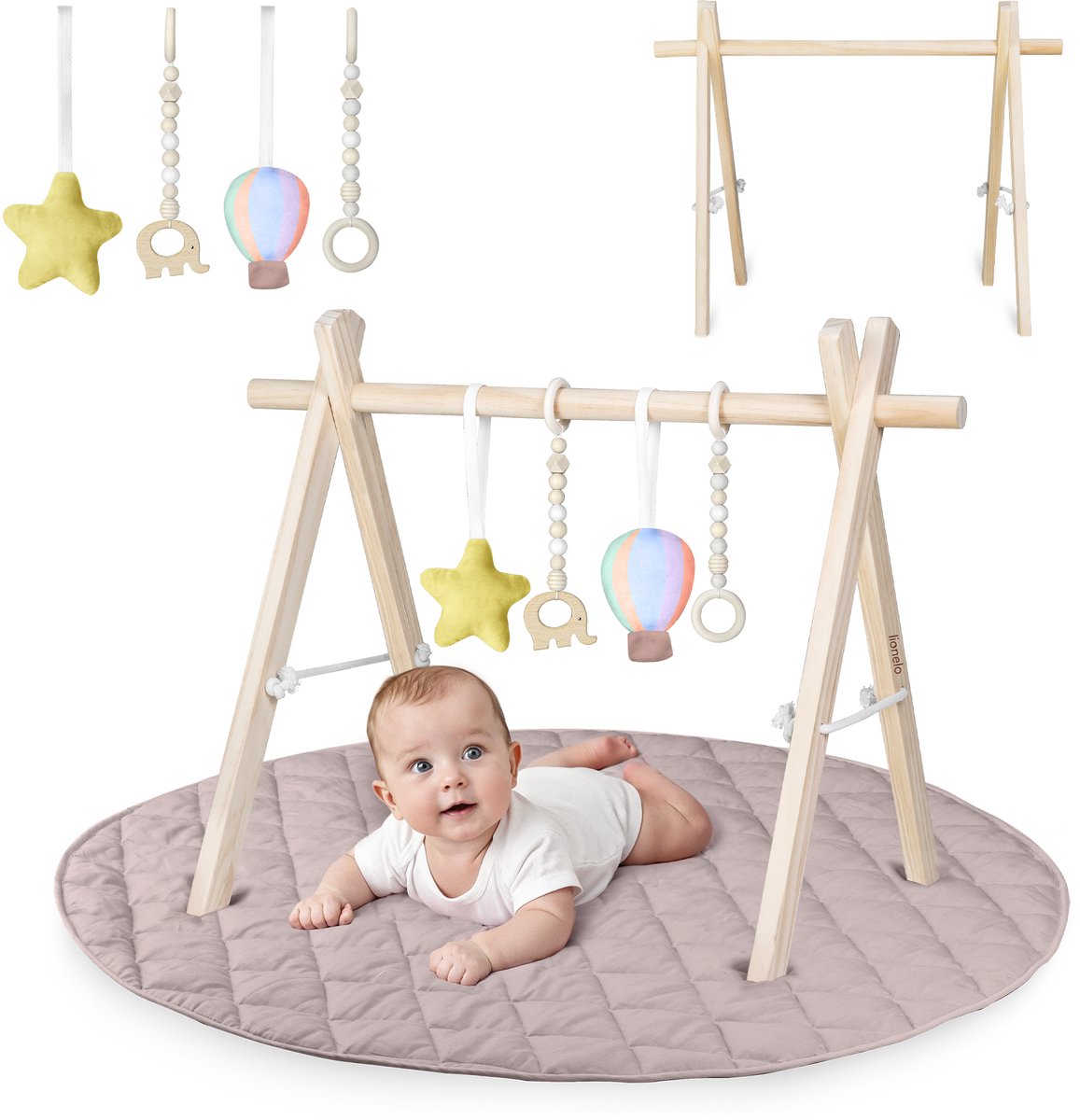 Lionelo Anis Set – baby speelkleed gym - Opvouwbare Houten Baby gym met Zachte Katoenen Speelmat – Montessori Baby Gym met Afneembaar Speelgoed – Veilig & Natuurlijke Materialen – 0+ maanden