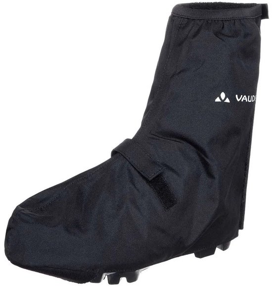 Zwarte fietshoezen met klittenbandsluiting en reflecterende details, VAUDE-logo.