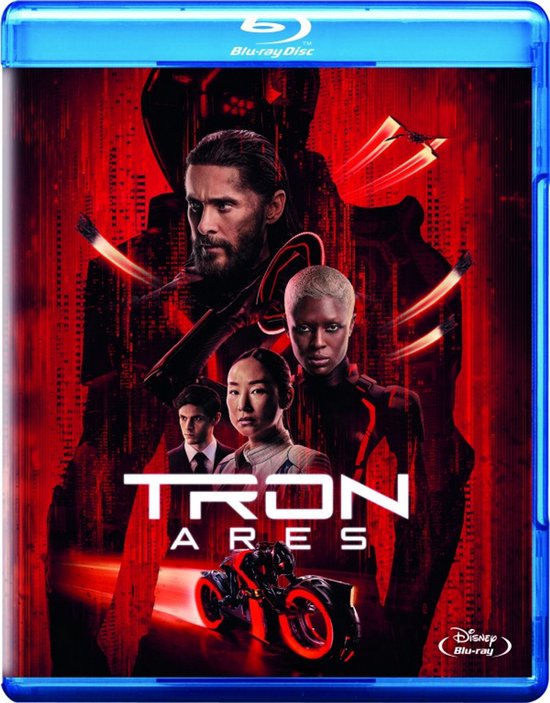 Blu-ray hoes van 'Tron: Ares' met vier personen en een motorfiets op een rode, digitale achtergrond.