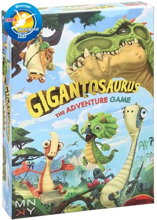 Doos van het bordspel Gigantosaurus: The Adventure Game met illustratie van dinosaurussen in een bos.