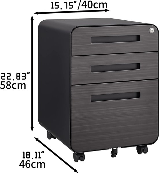 Ladeblok met drie laden, met afmetingen 15.75"/40cm breed, 22.83"/58cm hoog en 18.11"/46cm diep.