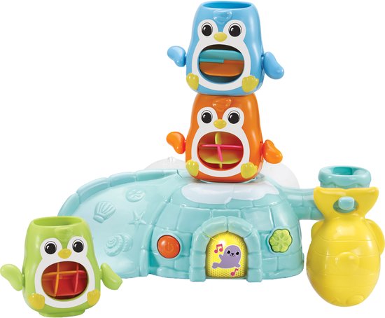 Jouet de bain pingouin bleu, orange et vert avec une base igloo et un arrosoir jaune.