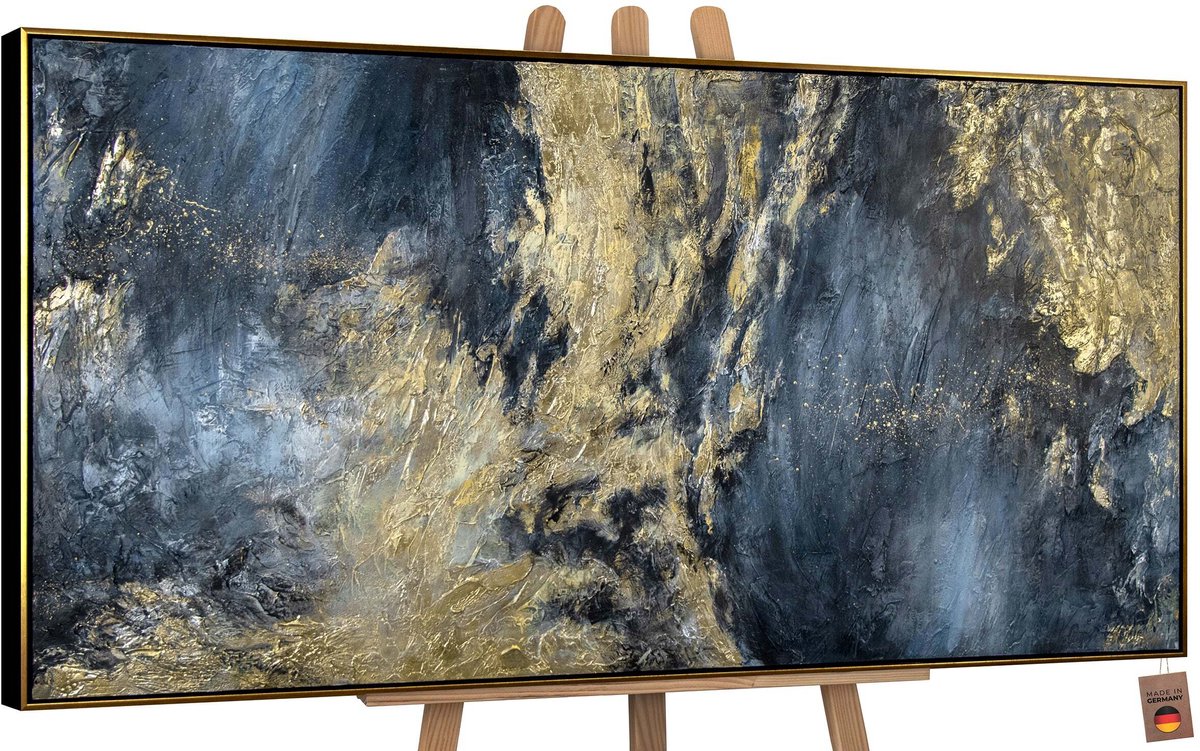 YS Canvas schilderij groot handgeschilderd reflecties II abstract mysterieus – YS-Art Gallery – Intrigerende wanddecoratie voor woonkamer – Modern schilderij voor hal en kantoor Black-Gold