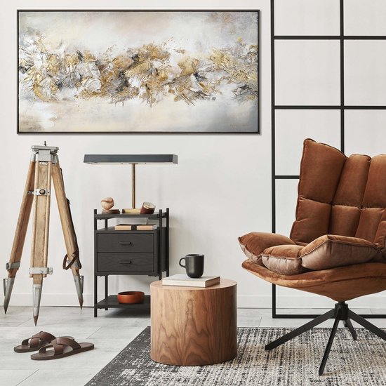 YS Tableau - Tableau sur toile peint à la main 100x50 cm - Décoration murale Abstrait - Goud - Art - Décoration murale salon - Décoration chambre à coucher - Accessoires de chambre - Tableaux abstraits sur toile - tableau sur toile - Met cadre gris