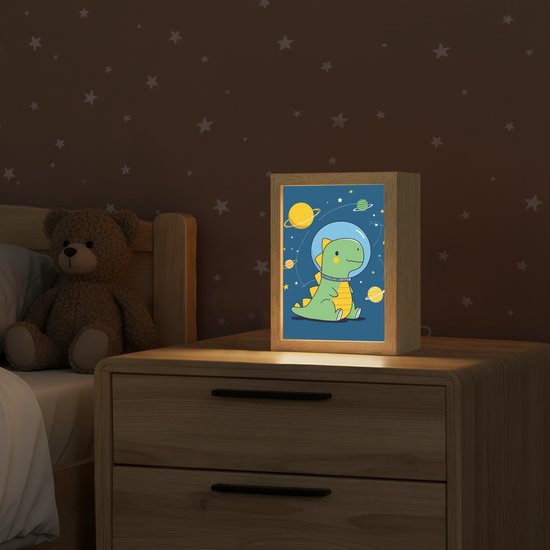 Nachtlampje 15x20 cm - Kinder lamp - Dino - Ruimte - Planeten - Tafellamp kinderkamer - Slaapkamer lamp - Bedlamp kinderen - Kinderlampje stopcontact - Wandlamp babykamer - Nachtlampjes van Merkloos — afbeelding 2