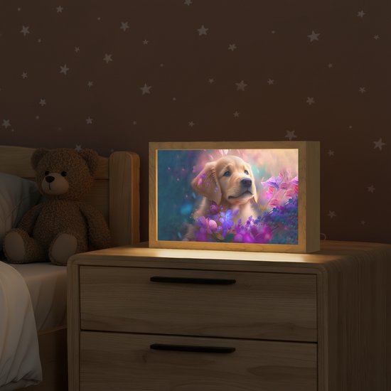 Nachtlampje 30x20 cm - Kinder lamp - Hond - Puppy - Zon - Bloemen - Golden retriever - Tafellamp kinderkamer - Slaapkamer lamp - Bedlamp kinderen - Kinderlampje stopcontact - Wandlamp babykamer - Nachtlampjes van Merkloos — afbeelding 2