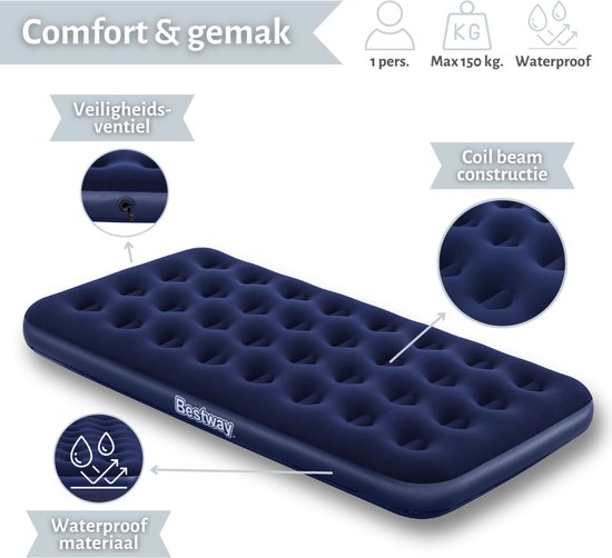 Bestway – Luchtbed – 1-Persoons – 99×188×22 cm – Blauw - Luchtbed 1 Persoon - Camping Luchtbed - Luchtbed Buiten - Luchtbed Binnen - Luchtbed Met Velours — afbeelding 5