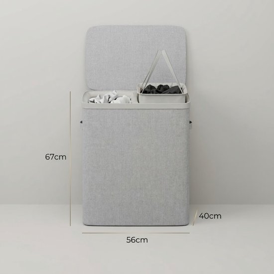 Panier à linge MAZAZU avec 2 compartiments - 100 litres - Trieur de linge avec couvercle - Poches de linge amovibles - Gris clair - Boîte de rangement pliable pour salle de bains et chambre à coucher - 56 × 40 × 67 cm