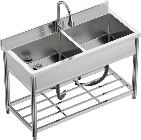 Rvs Aanrecht met Kraan Wasserij Utility Sink Met Wasbord Huishoudelijk Zwembad Balkon Kamer Wastafel Gemakkelijk Schoon Dubbele Kom, 600mm/23.6Inch Rvs Aanrecht met Kraan Wasserij Utility Sink Met Wasbord Huishoudelijk Zwembad Balkon Kamer Wastafel Gemakkelijk Schoon Dubbele Kom, 600mm/23.6Inch