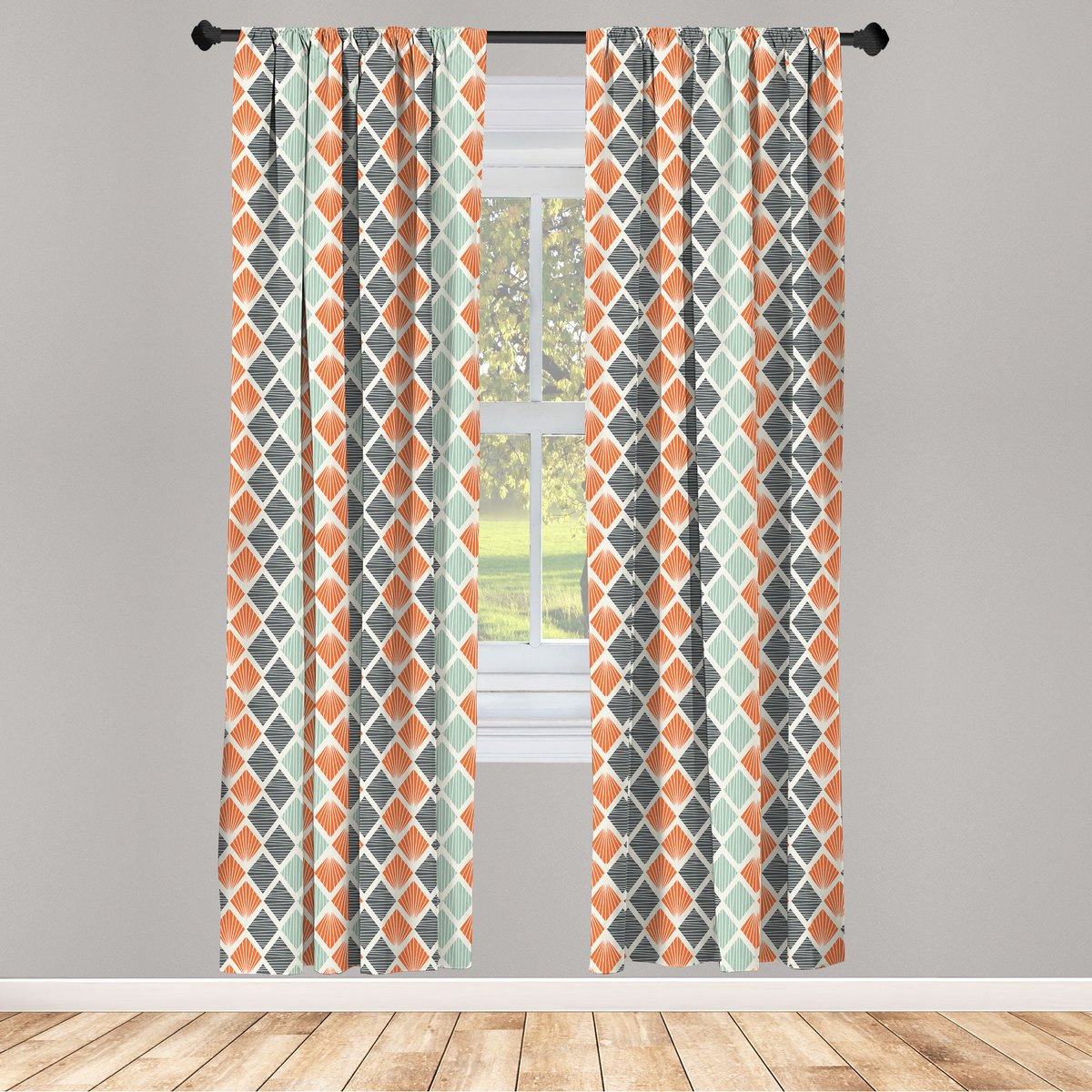 ABAKUHAUS Geometrische raamgordijnen – diamanten met lijnen – 2-delig paneelset 75x245 cm – grijs amandelgroen