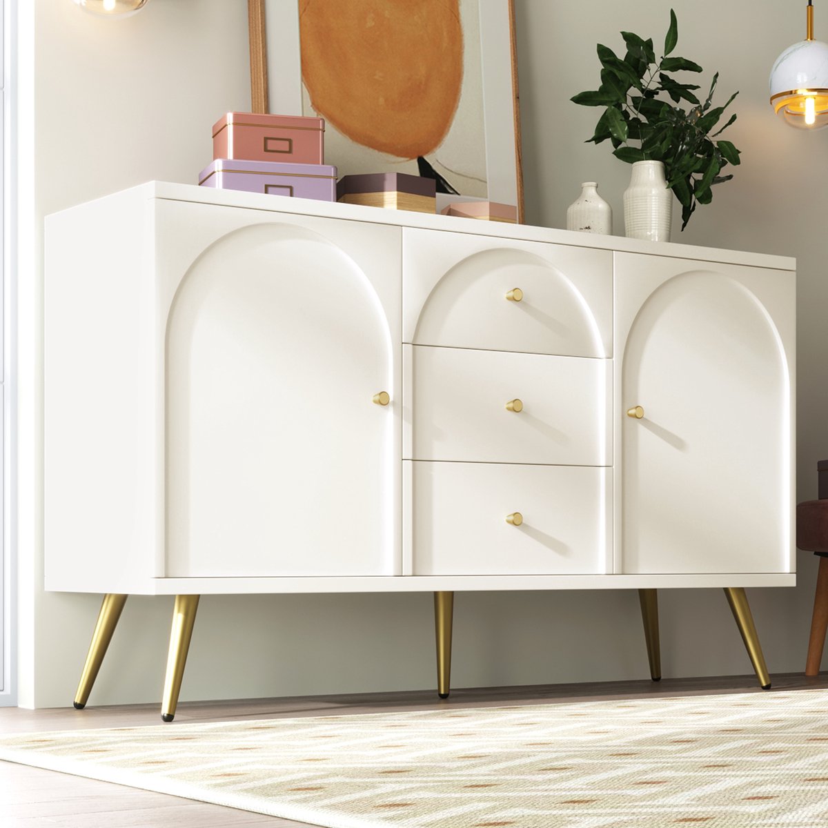 Wishdor Dressoir Met 2 Deuren En 3 Laden - Verstelbare Legplank - Hout En Metaal - Crèmewit - H84 X B140 X D40 Cm