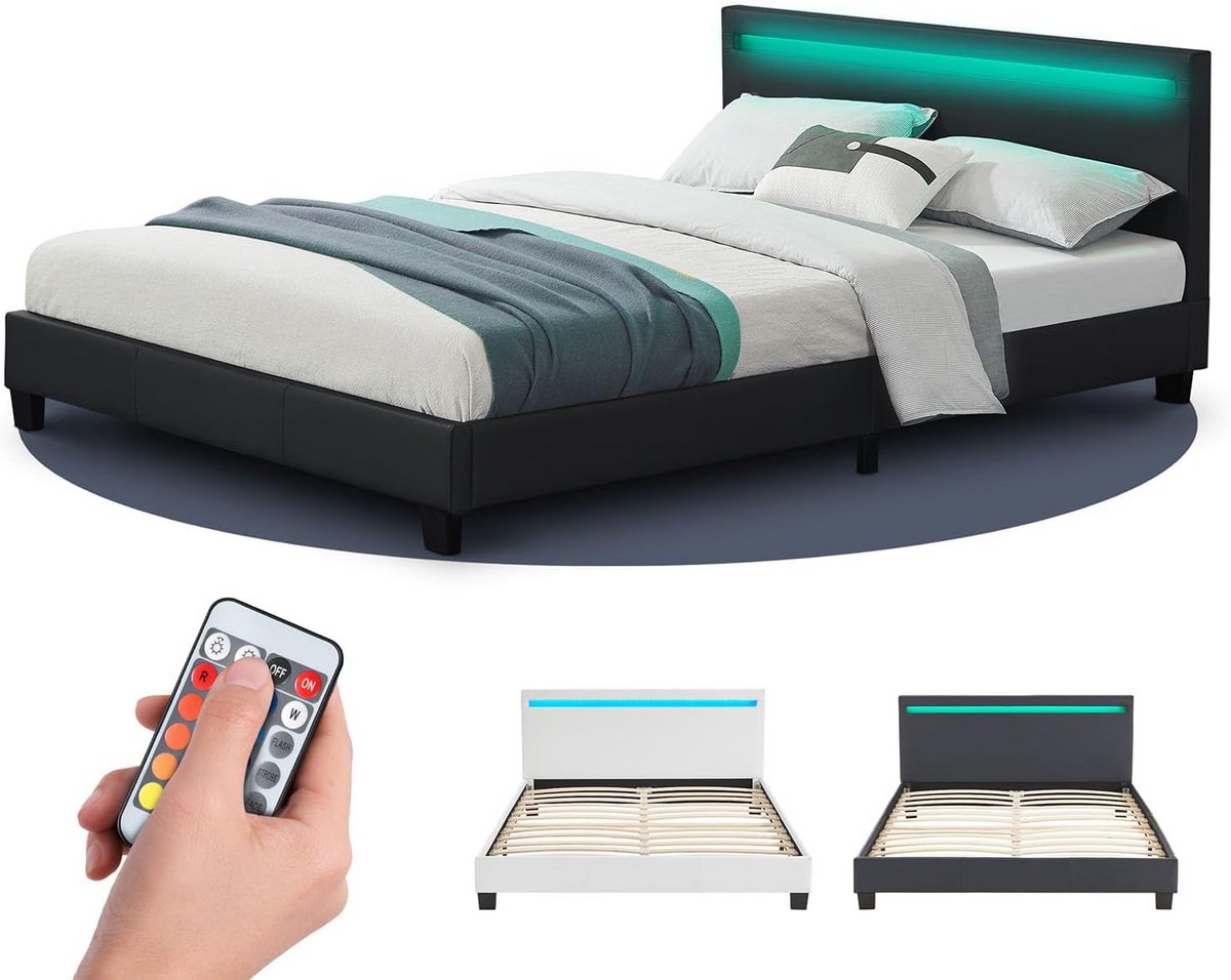 Gestoffeerd Tweepersoonsbed met LED-Verlichting en Lattenbodem - Zwart Kunstleer 140x200 cm