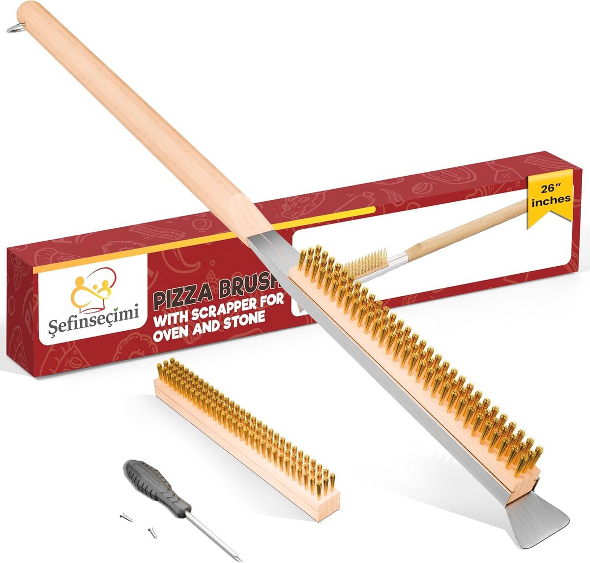 Robuuste Pizzaovenborstel met Schraper - 26 Inch Houten Handvat voor Schoonmaken van Pizzastenen en Ovens