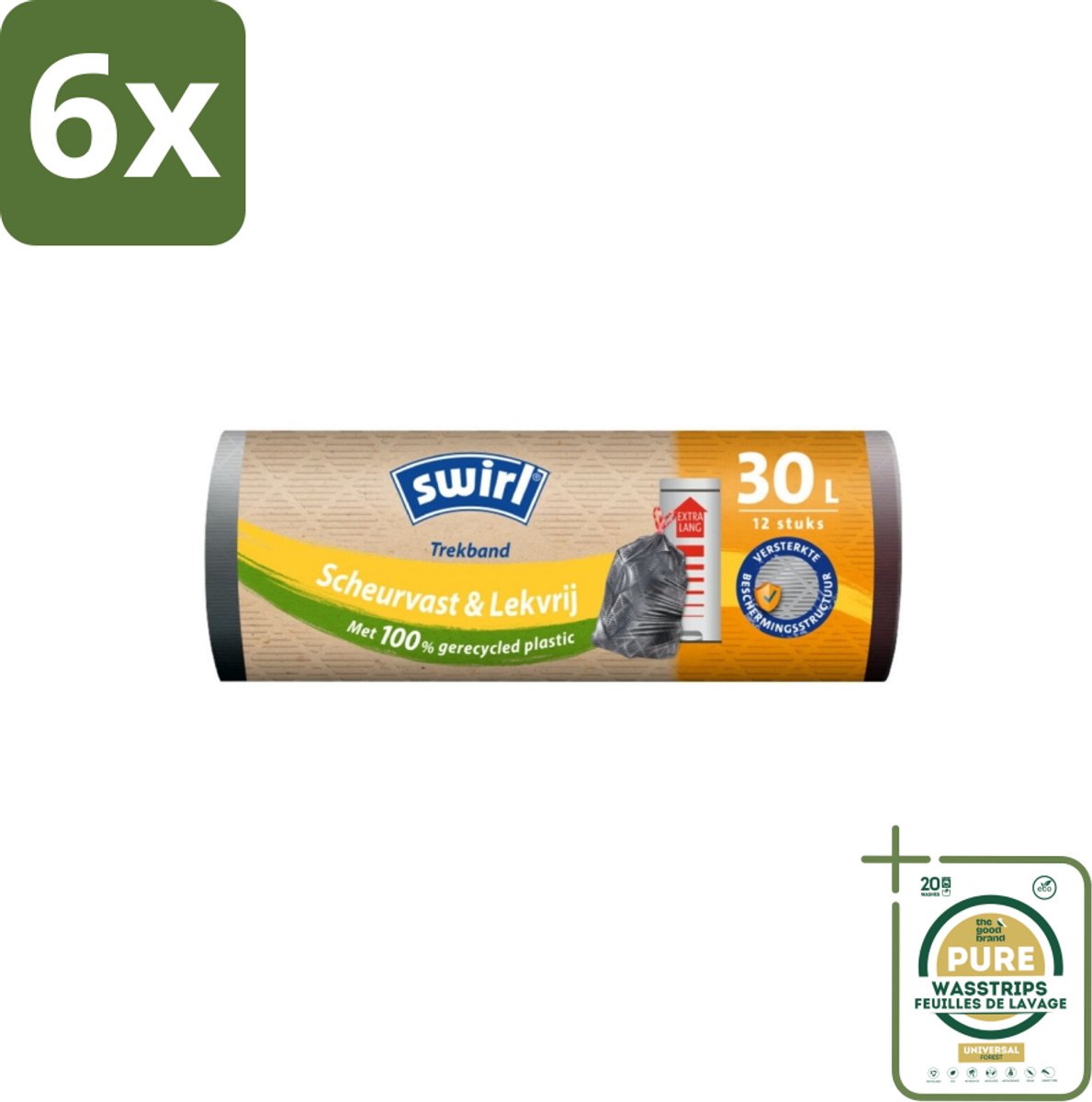 Swirl – Afvalzakken – 30 L – Trekband – 12 zakken - Voordeelverpakking - 6 stuks - 30 liter - Hygiëne