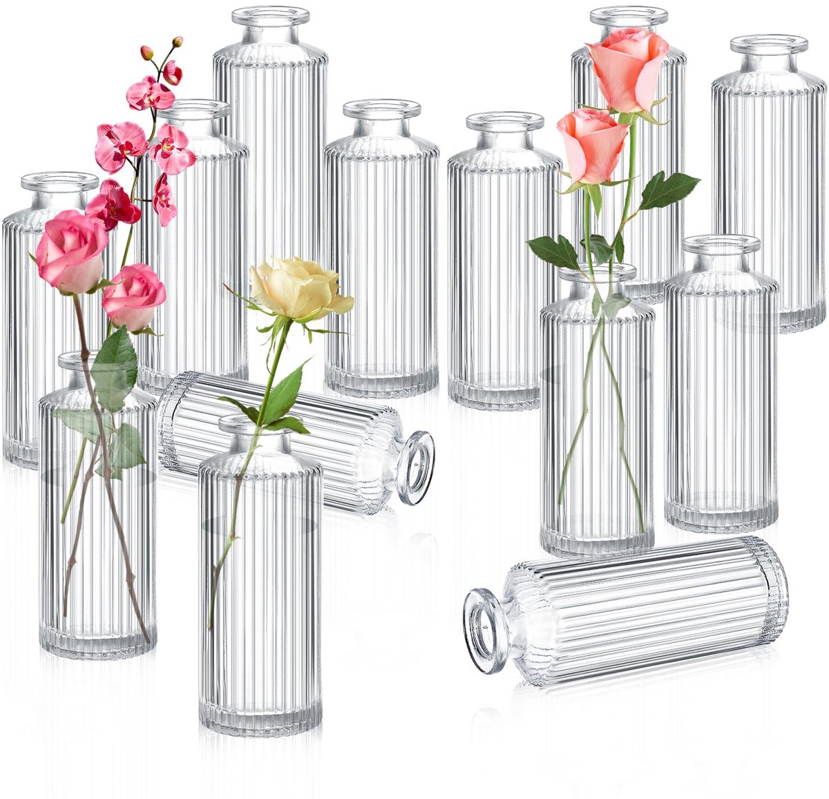 IMPERATORIS® Glazen Vazen / Glazen Flessen – Mini Decoratieve Vaas Flesjes – Helder Glas – Inclusief Strik – 12 Stuks – 5.1 x 5.1 x 13.2 cm – Transparant