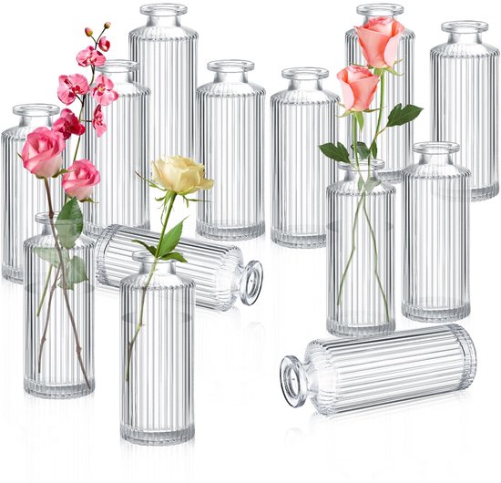 IMPERATORIS® Glazen Vazen / Glazen Flessen – Mini Decoratieve Vaas Flesjes – Helder Glas – Inclusief Strik – 12 Stuks – 5.1 x 5.1 x 13.2 cm – Transparant