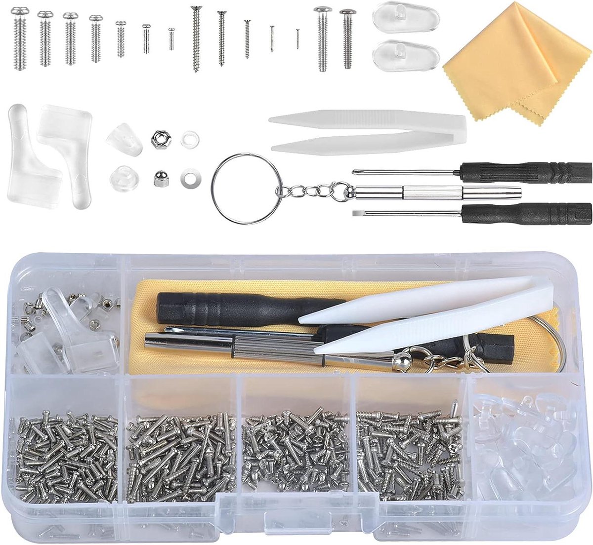 Reparatieset met 500 schroeven, neusbeschermers, pincet en reinigingsdoek - Brilreparatie en horloge reparatieset.