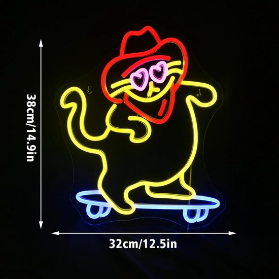 Neon Wandlamp Kat op Skateboard - USB Dimbaar LED Sfeerverlichting voor