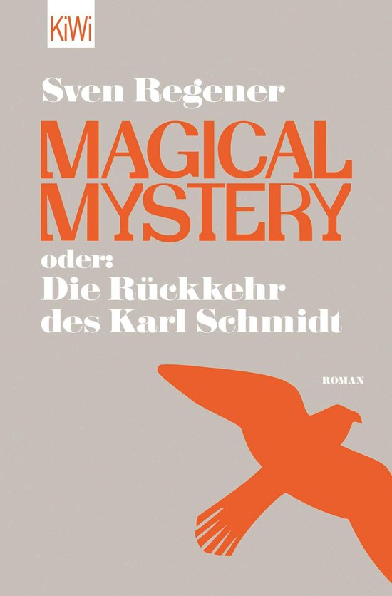 Boekomslag: oranje tekst 'Magical Mystery' en silhouet van een vogel op een grijze achtergrond.