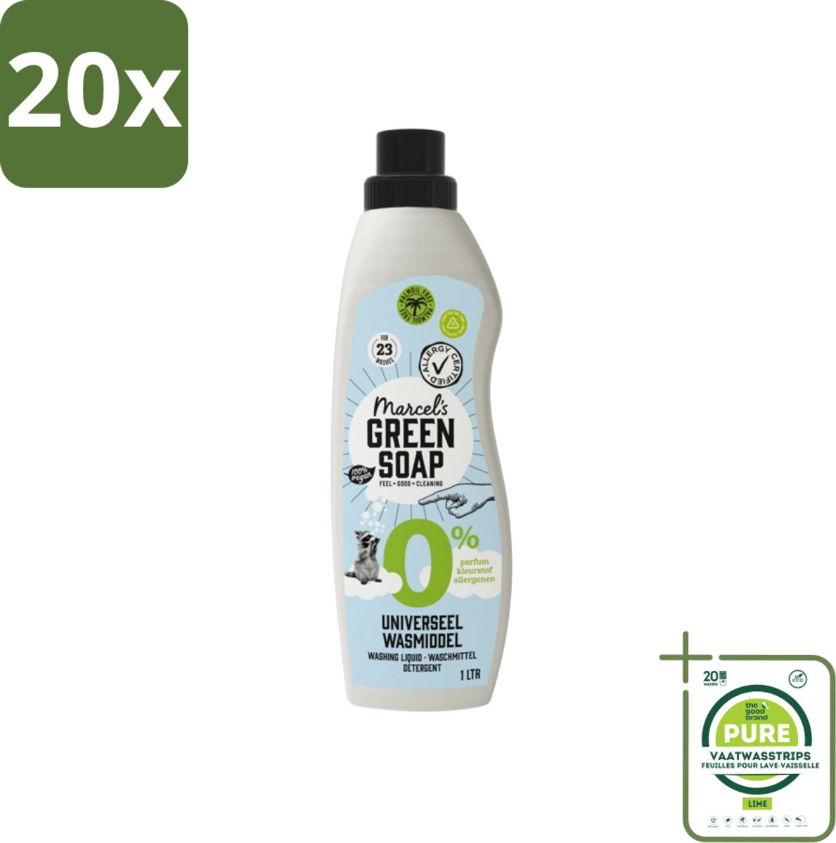 20 x Marcel’s Green Soap – Wasmiddel – Universeel - 0% – Zonder parfum en kleurstof – 1 liter - Grootverpakking - Wasmiddel 0% Parfum - Gevoelige Huid - Milde Wasmiddel - Duurzame Wasmiddel - Geen Kleurstoffen