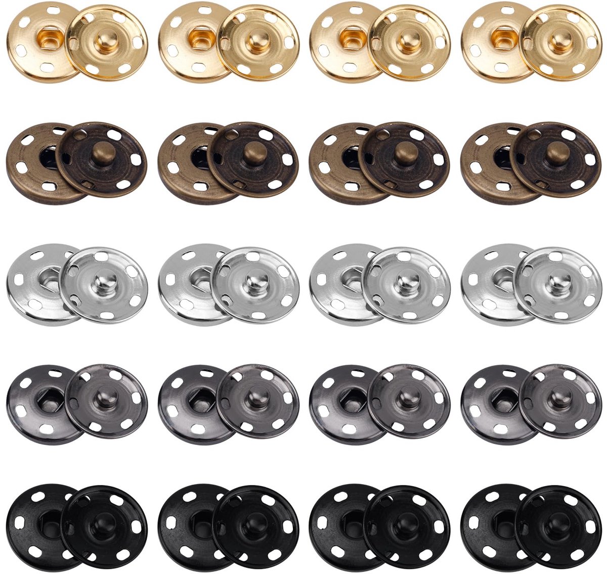 IMPERATORIS® Metalen Drukknoppen Set – Zwaar Uitgevoerde Drukknopen met Setterbasis en Holle Pons – Metalen Knopen voor Kleding, Leer, Jassen, Jeans en Handtassen – Niet Naaien – 2.5 cm – 20 paar – Goud, zilver, matzwart, wapenzwart, brons
