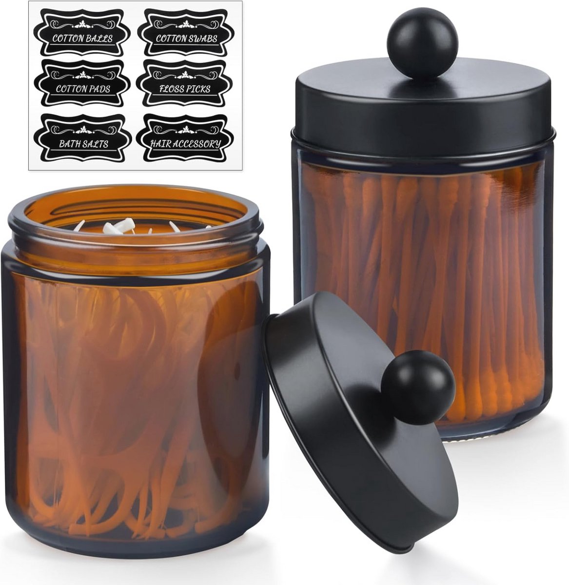 Glazen Apothekers Potten - Set van 2 met Deksel en Labels voor Badkamer Organizer